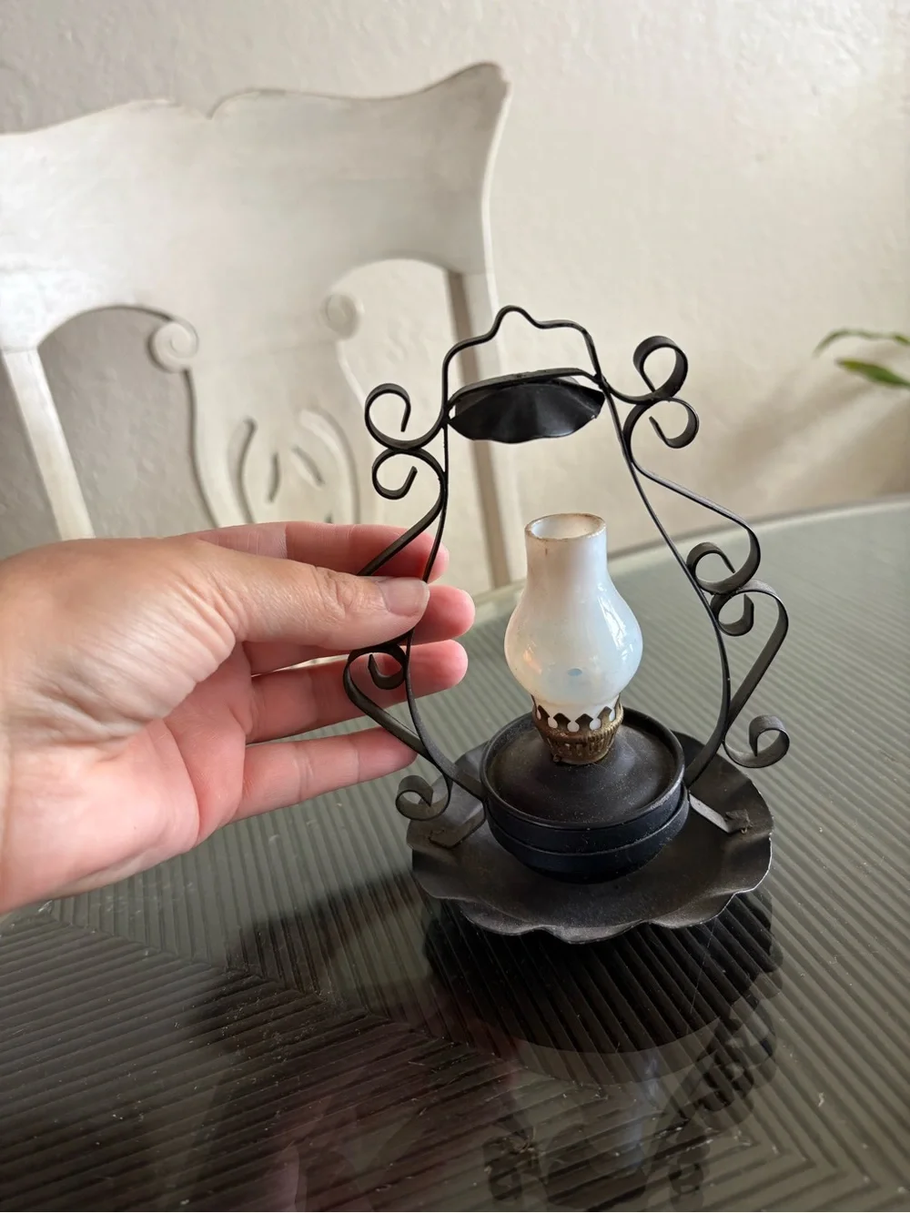 Vintage-Style Black Metal Oil Lamp with White Glass Shade